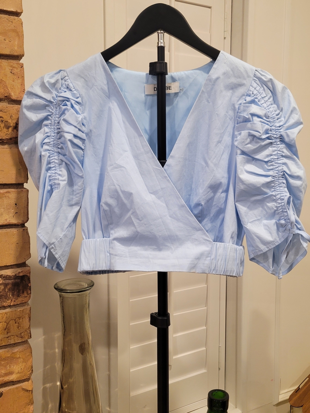 DO+BE Sky Blue Ruched Sleeve Wrap Crop Top